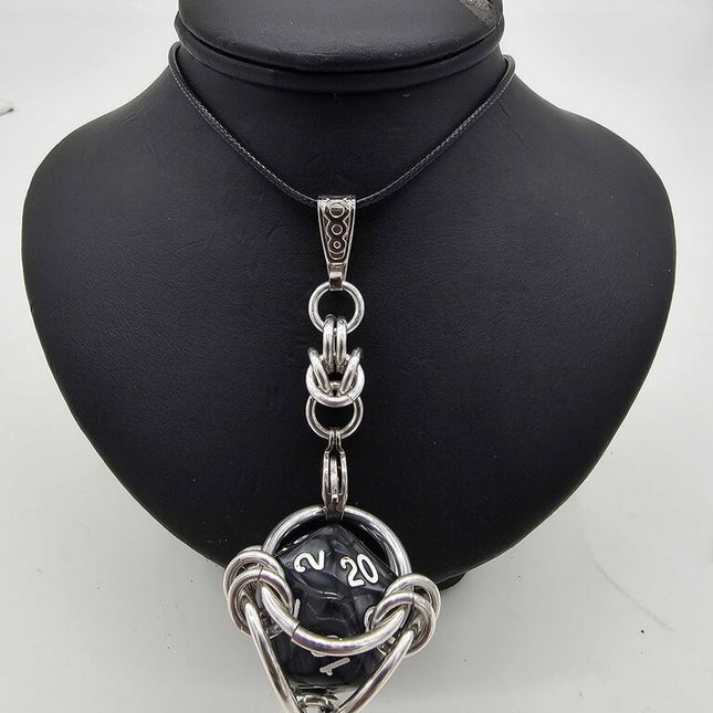 Caged D20 Necklace - Black Marble 20 inch Black Cord