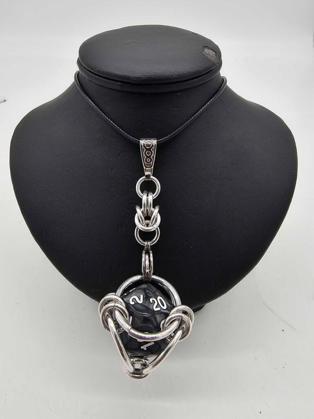Caged D20 Necklace - Black Marble 20 inch Black Cord