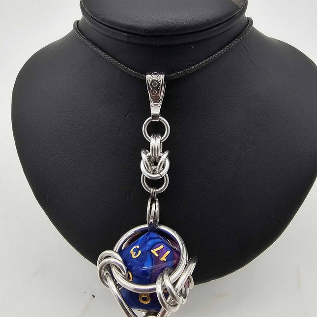 Caged D20 Necklace - Purple Blue Marble 20 inch Black Cord