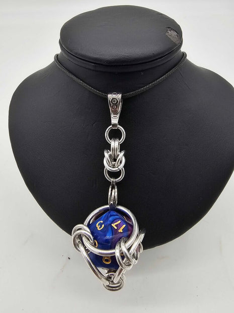 Caged D20 Necklace - Purple Blue Marble 20 inch Black Cord