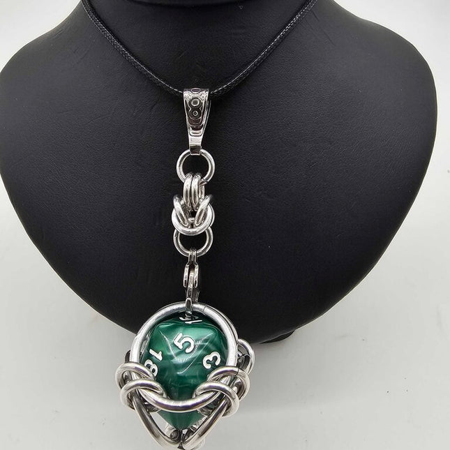Caged D20 Necklace - Dark Green Marble 20 inch Black Cord