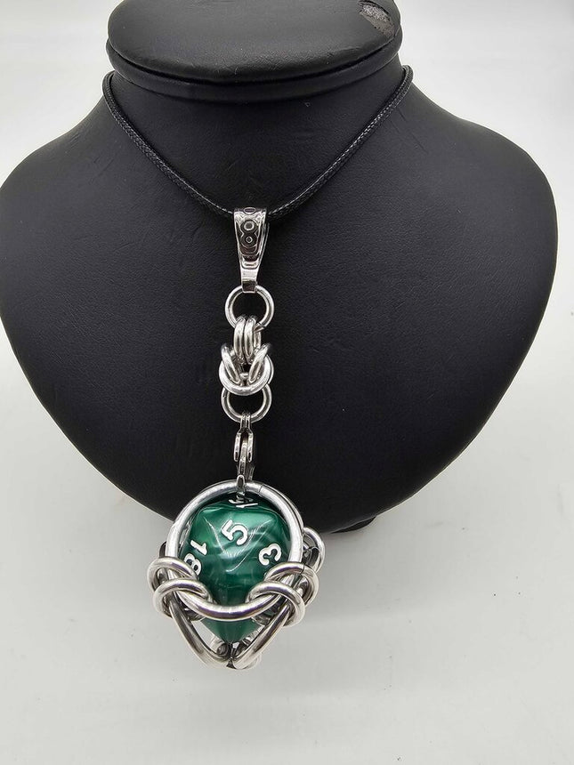 Caged D20 Necklace - Dark Green Marble 20 inch Black Cord