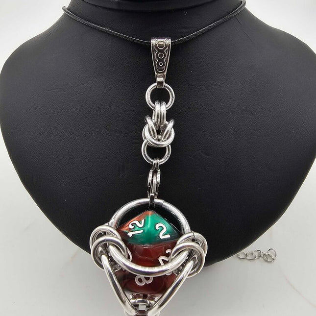 Caged D20 Necklace - Dark Green and Red Marble 20 inch Black Cord