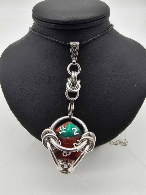 Caged D20 Necklace - Dark Green and Red Marble 20 inch Black Cord