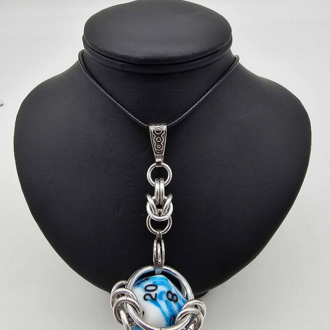 Caged D20 Necklace - Blue and White Marble 20 inch Black Cord