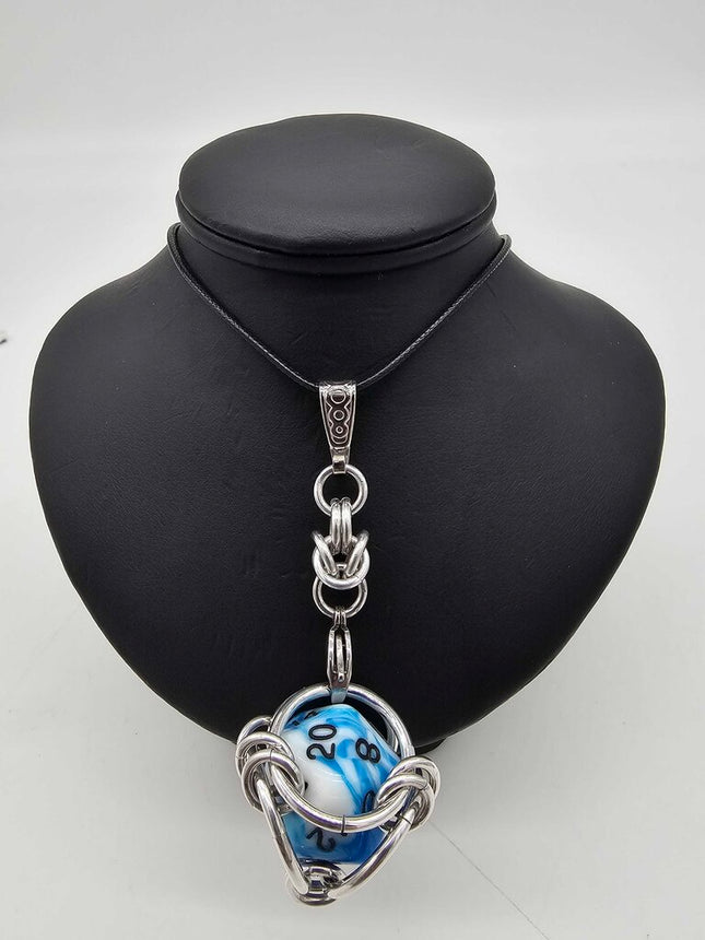 Caged D20 Necklace - Blue and White Marble 20 inch Black Cord