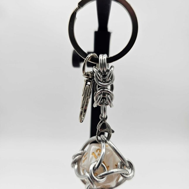 Caged D20 Keychain - Ivory Marble D20, Silver Byzantine