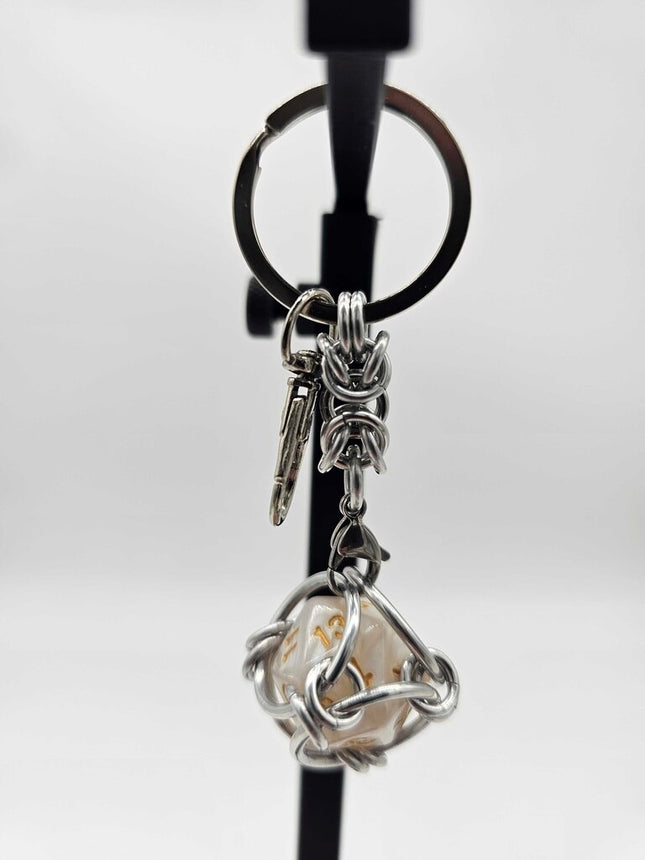 Caged D20 Keychain - Ivory Marble D20, Silver Byzantine