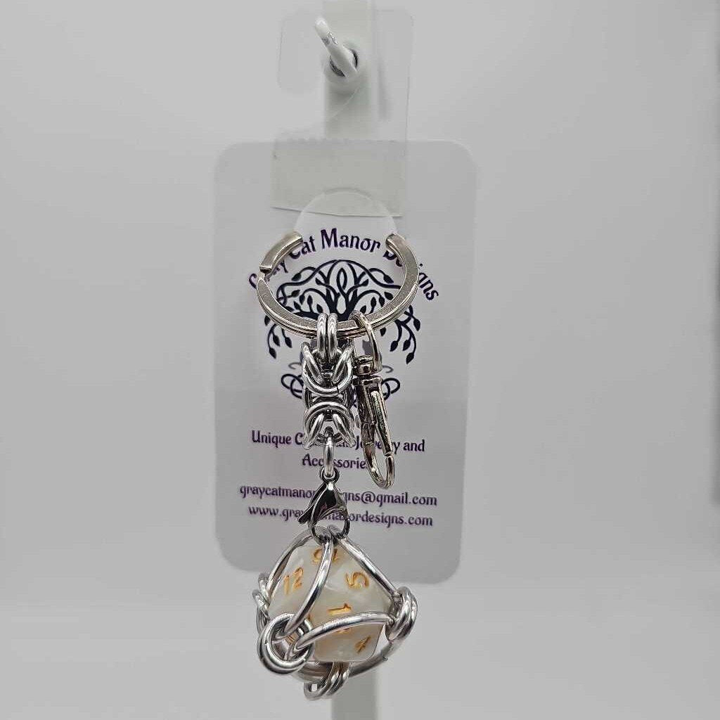 Caged D20 Keychain - Ivory Marble D20, Silver Byzantine