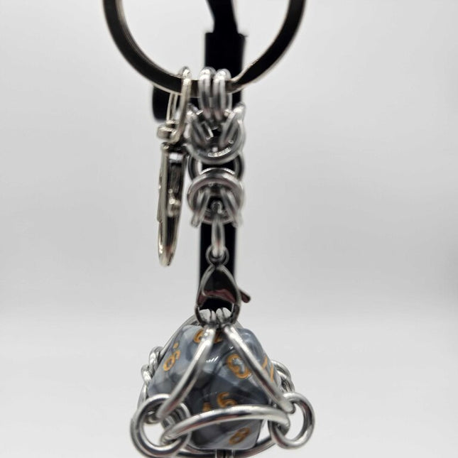 Caged D20 Keychain - Gray Marble D20, Silver Byzantine