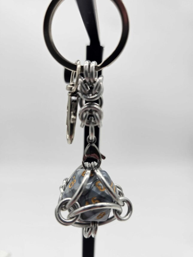 Caged D20 Keychain - Gray Marble D20, Silver Byzantine