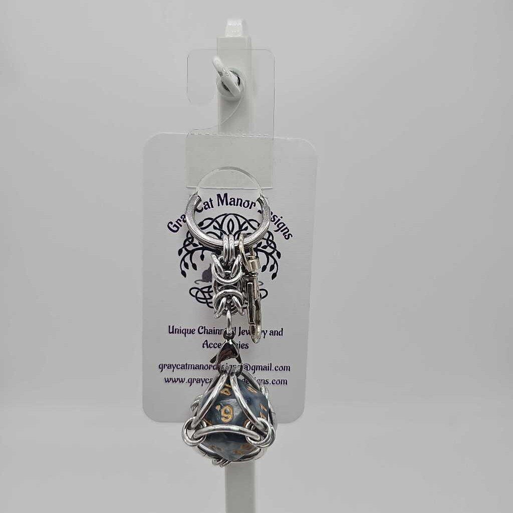Caged D20 Keychain - Gray Marble D20, Silver Byzantine