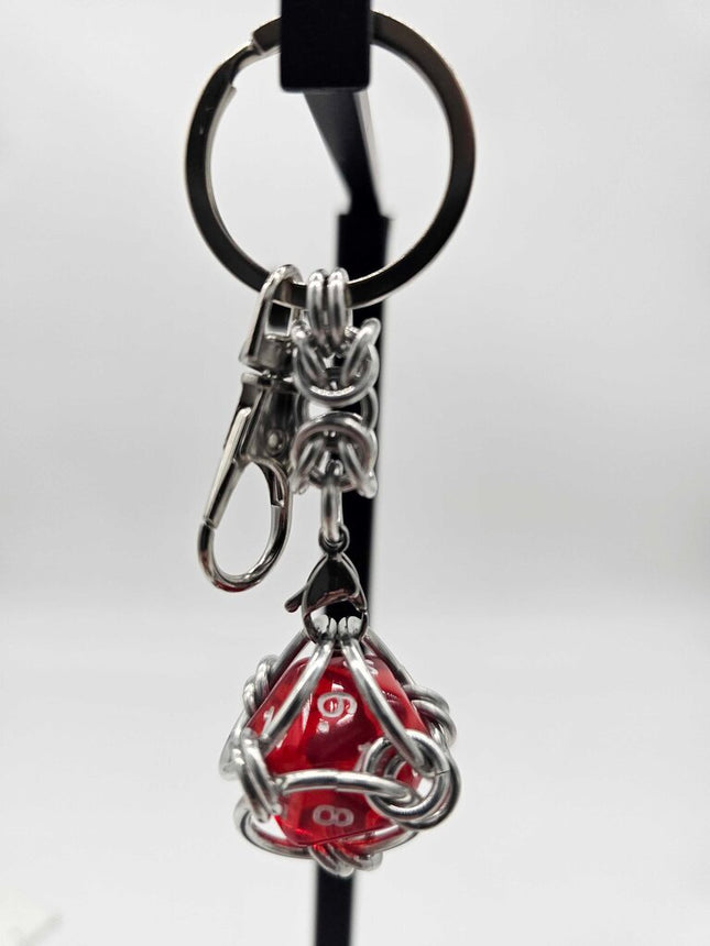 Caged D20 Keychain - Dark Red Marble D20, Silver Byzantine