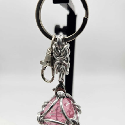 Caged D20 Keychain - Translucent Pink D20, Silver Byzantine