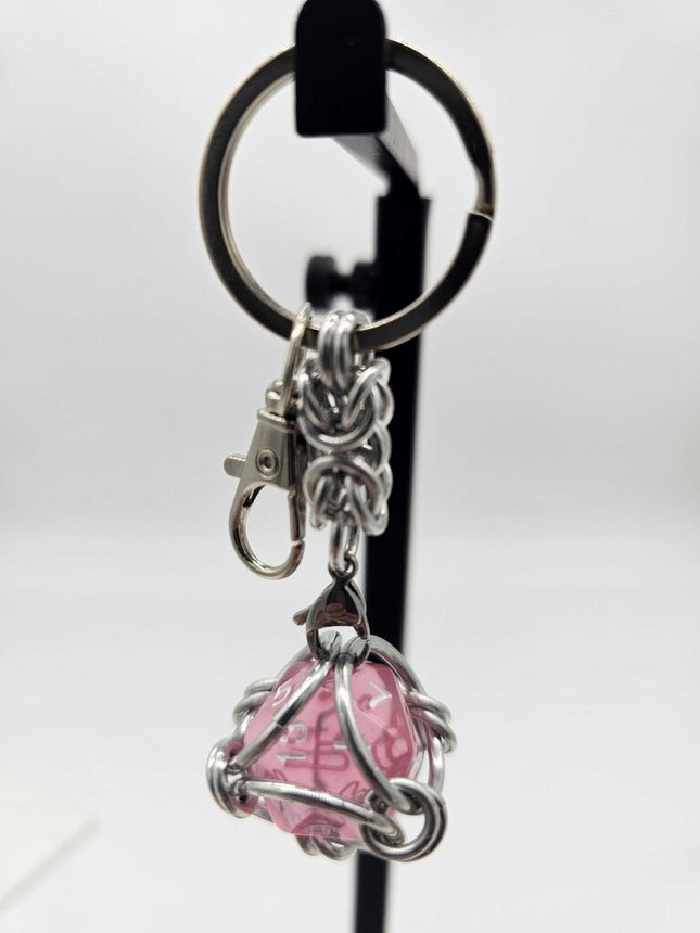 Caged D20 Keychain - Translucent Pink D20, Silver Byzantine