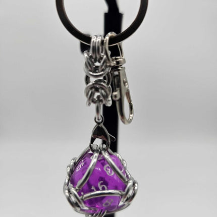 Caged D20 Keychain - Translucent Purple D20, Silver Byzantine
