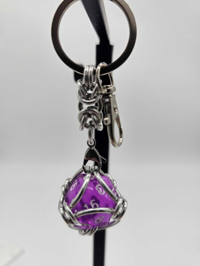 Caged D20 Keychain - Translucent Purple D20, Silver Byzantine