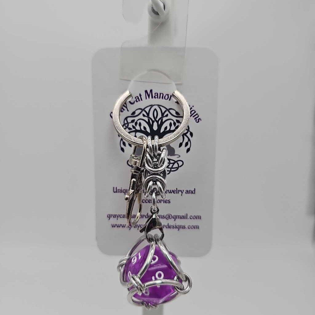 Caged D20 Keychain - Translucent Purple D20, Silver Byzantine
