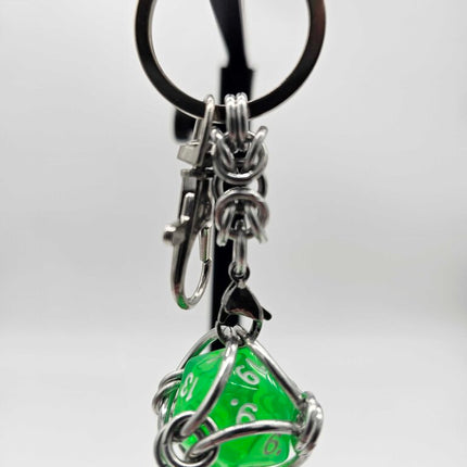 Caged D20 Keychain - Translucent Bright Green D20, Silver Byzantine
