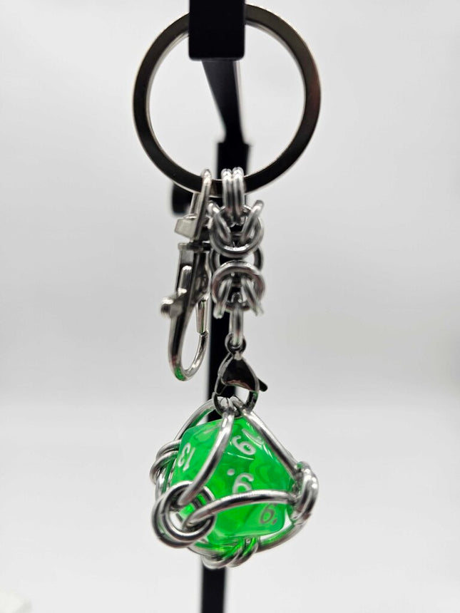 Caged D20 Keychain - Translucent Bright Green D20, Silver Byzantine