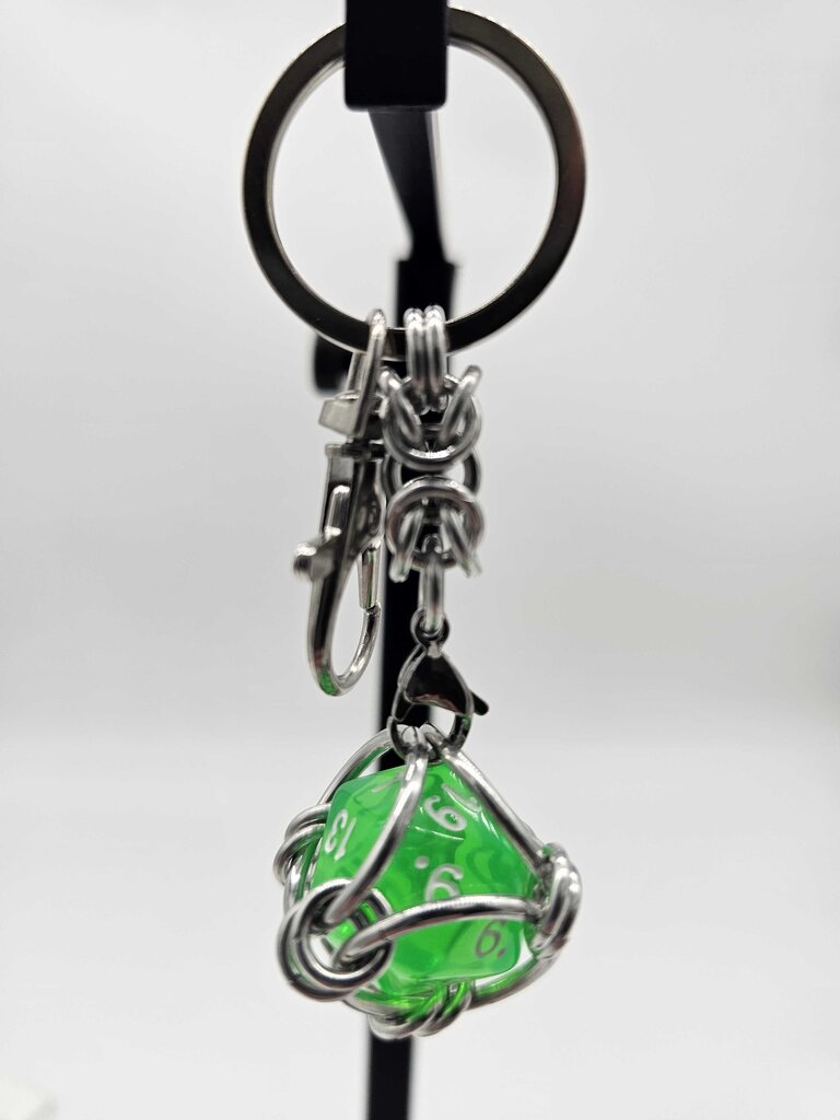 Caged D20 Keychain - Translucent Bright Green D20, Silver Byzantine
