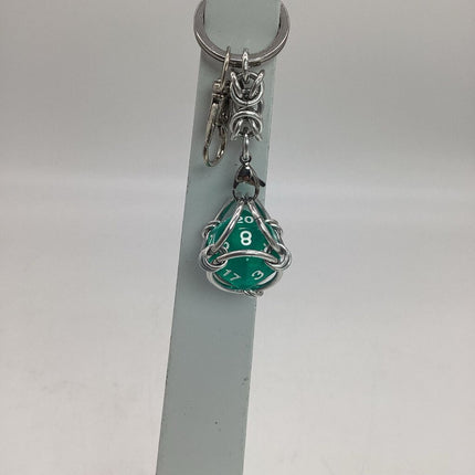 Caged D20 Keychain - Translucent Green D20, Silver Byzantine