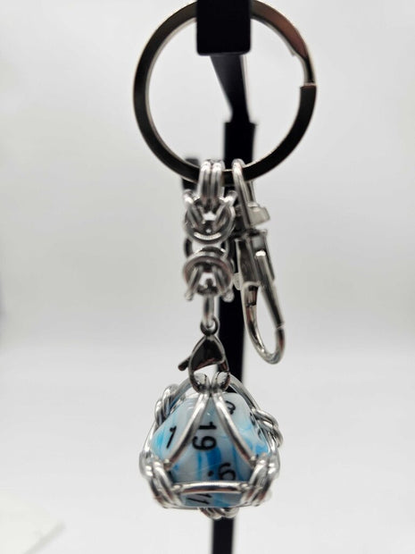 Caged D20 Keychain - Dark Blue White Marble D20, Silver Byzantine