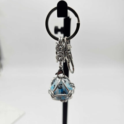 Caged D20 Keychain - Dark Blue White Marble D20, Silver Byzantine