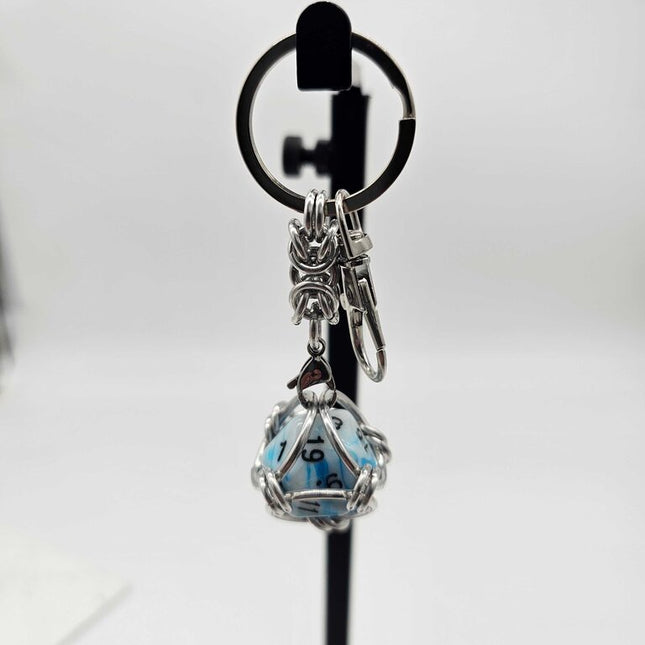 Caged D20 Keychain - Dark Blue White Marble D20, Silver Byzantine