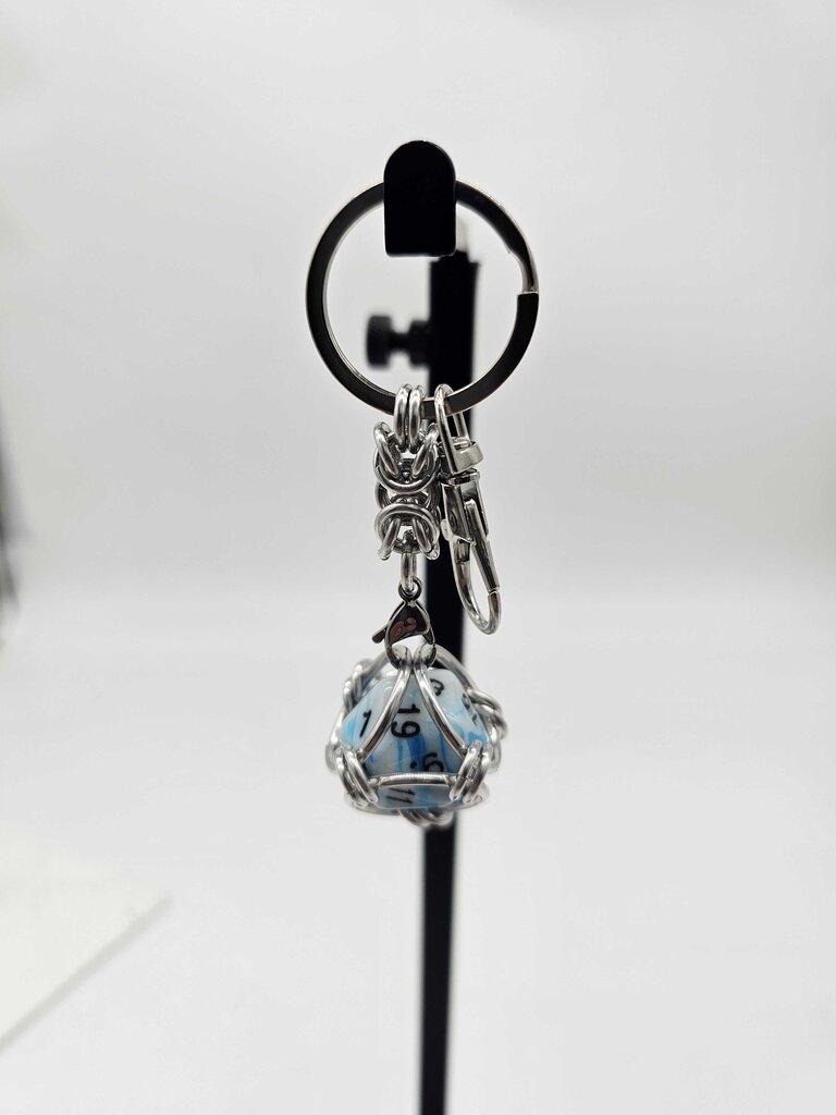 Caged D20 Keychain - Dark Blue White Marble D20, Silver Byzantine