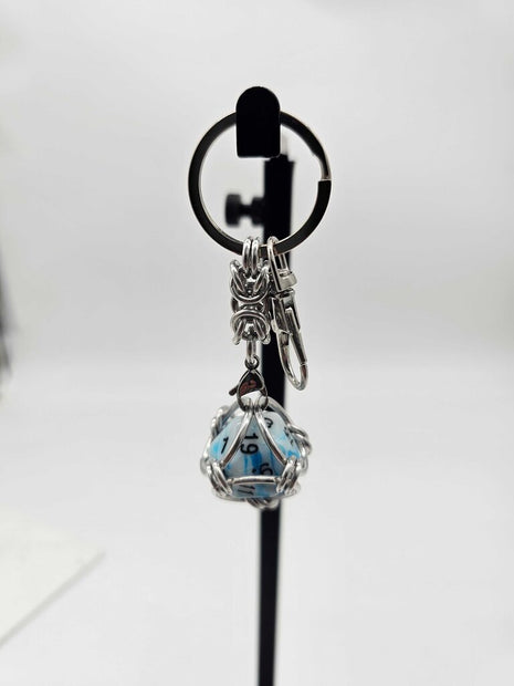 Caged D20 Keychain - Dark Blue White Marble D20, Silver Byzantine