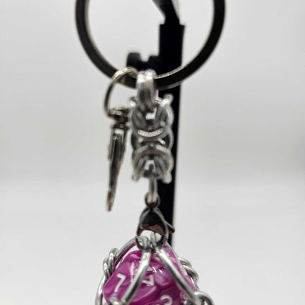 Caged D20 Keychain - Dark Pink Marble D20, Silver Byzantine