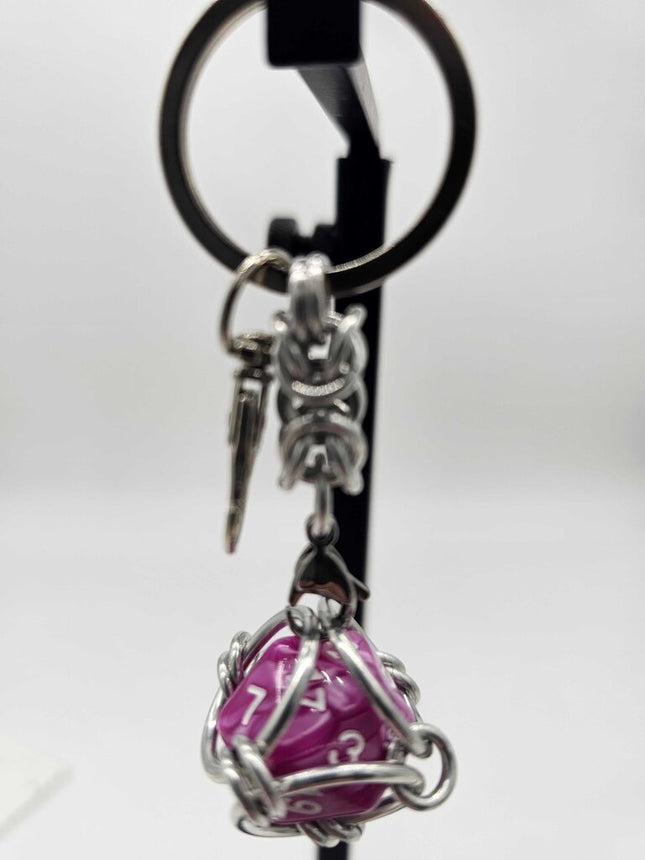 Caged D20 Keychain - Dark Pink Marble D20, Silver Byzantine