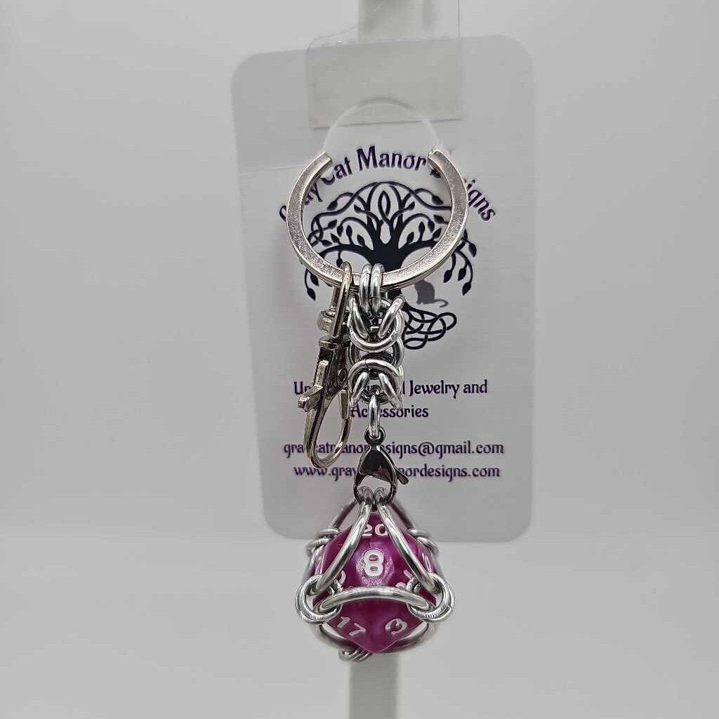 Caged D20 Keychain - Dark Pink Marble D20, Silver Byzantine