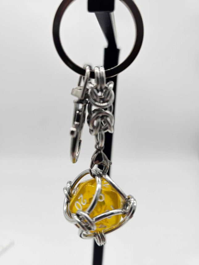 Caged D20 Keychain - Translucent Yellow D20, Silver Byzantine