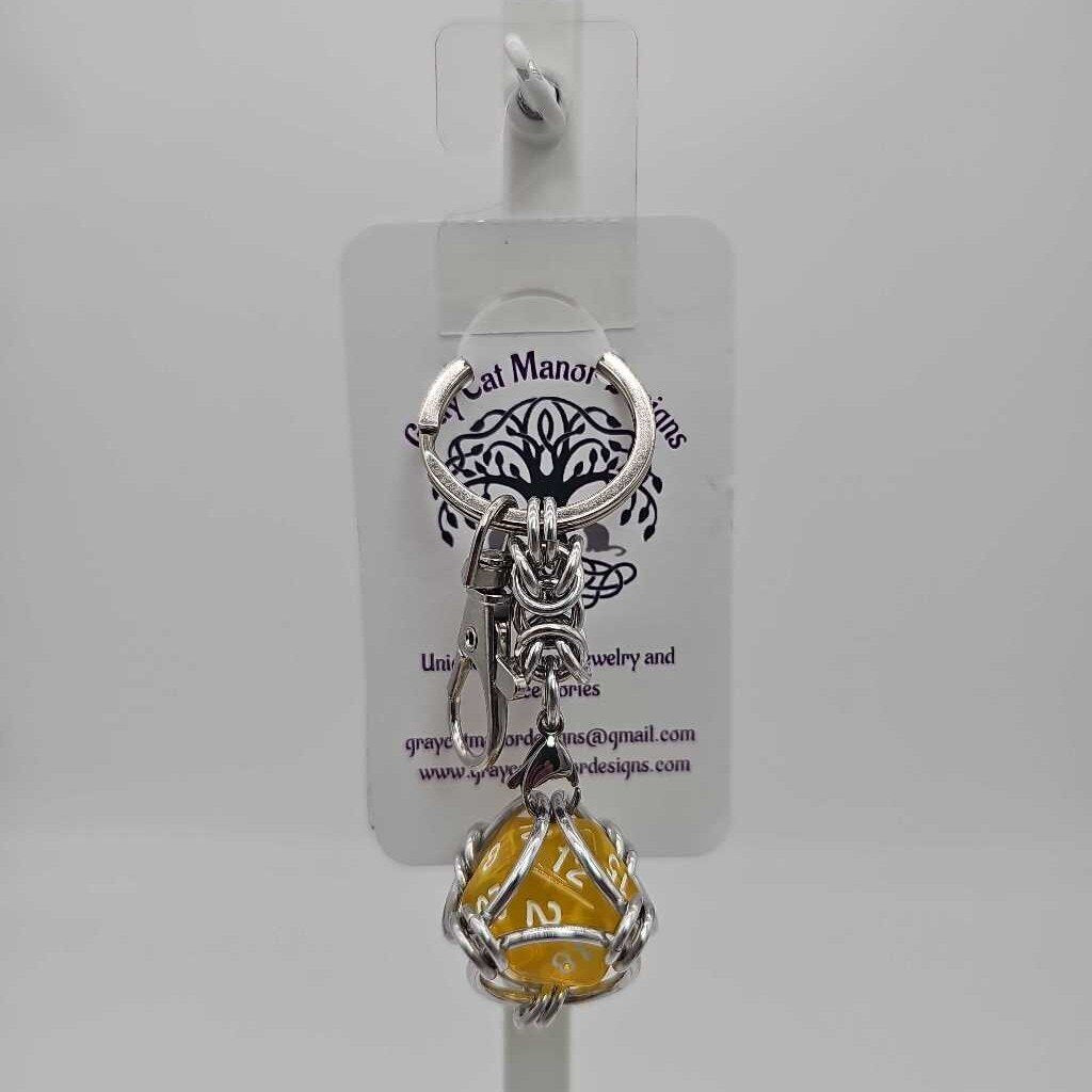 Caged D20 Keychain - Translucent Yellow D20, Silver Byzantine