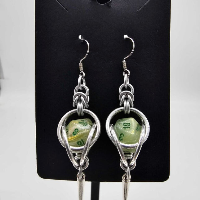 Mini D20 Earrings Silver with Light Marble Green D20 and Spike