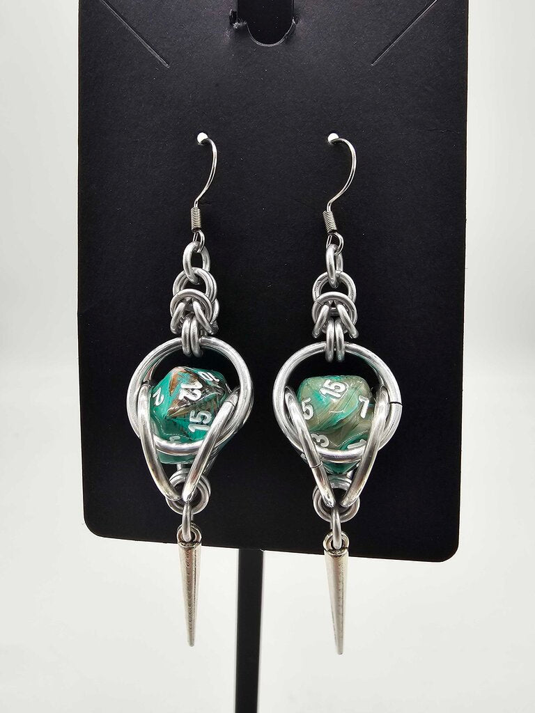 Mini D20 Earrings Silver with Teal Brown D20 and Spike