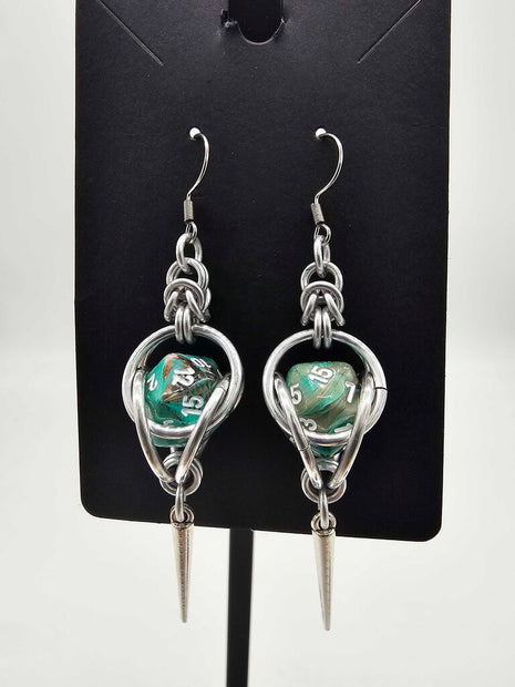 Mini D20 Earrings Silver with Teal Brown D20 and Spike