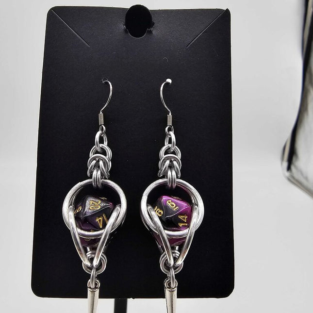 Mini D20 Earrings Silver with purple black marble D20 and Spike