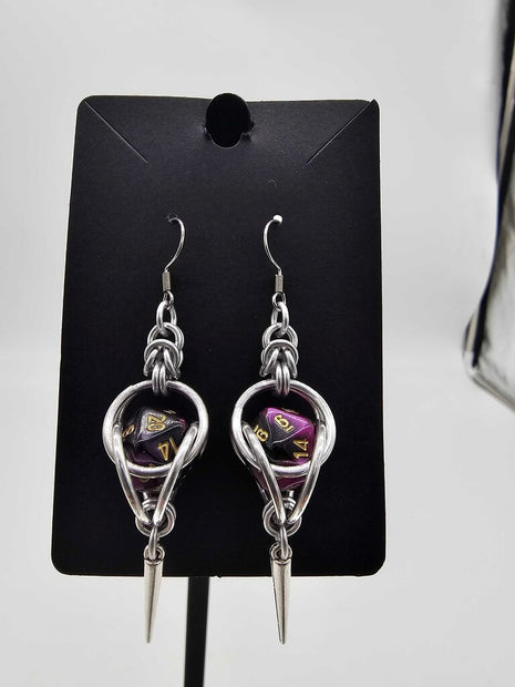 Mini D20 Earrings Silver with purple black marble D20 and Spike