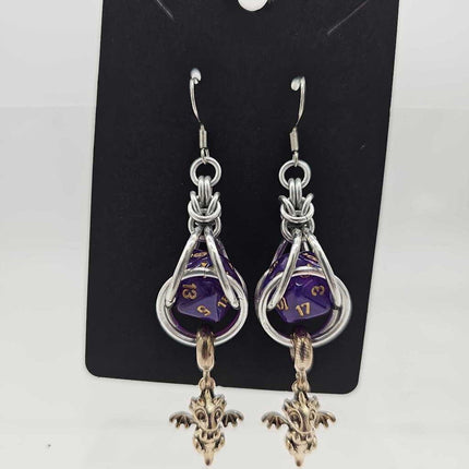Mini D20 Earrings Silver with dark purple D20 and dragon charm