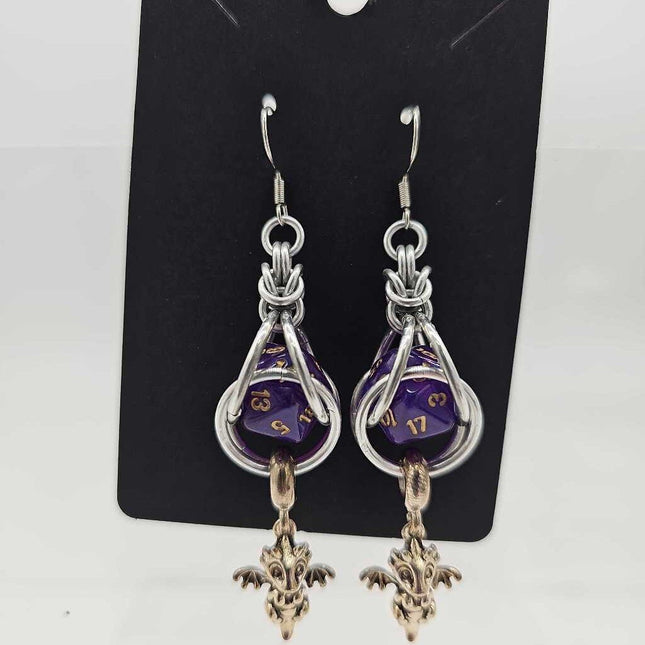 Mini D20 Earrings Silver with dark purple D20 and dragon charm