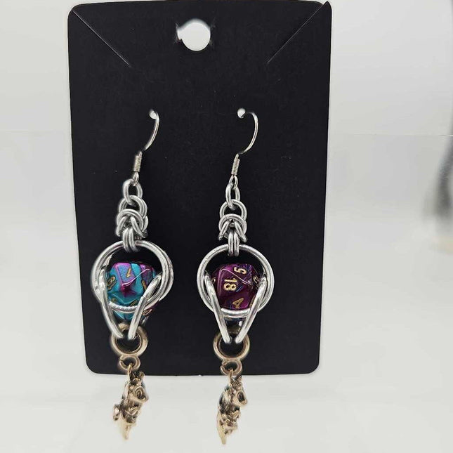 Mini D20 Earrings Silver with purple teal marble D20 and dragon charm