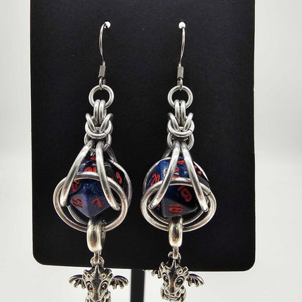 Mini D20 Earrings Silver with dark sparkly blue D20 and dragon charm