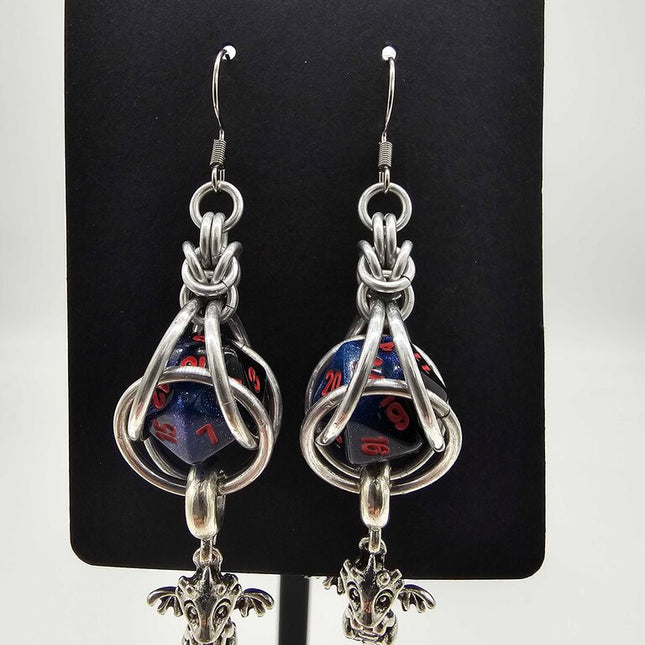 Mini D20 Earrings Silver with dark sparkly blue D20 and dragon charm