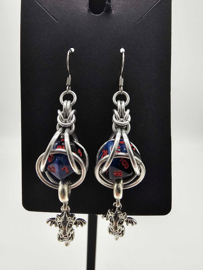 Mini D20 Earrings Silver with dark sparkly blue D20 and dragon charm