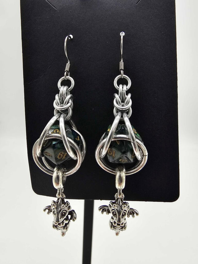 Mini D20 Earrings Silver with dark green D20 and dragon charm