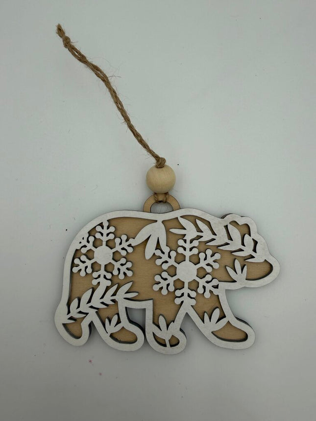 Layered Floral Bear Wood Ornament