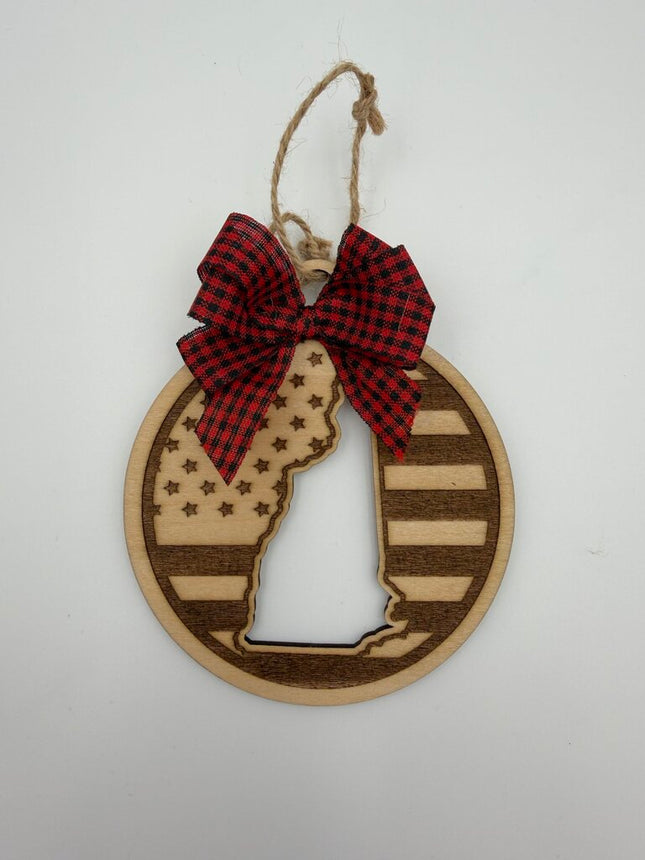 NH American Flag Wood Ornament
